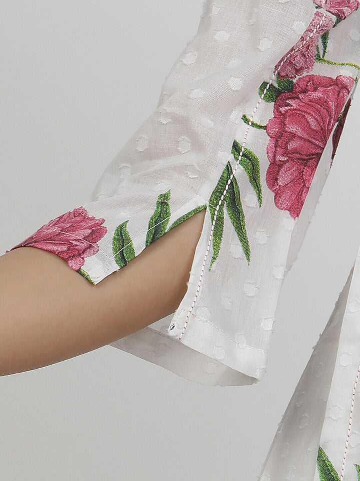 W White Floral Printed Pure Cotton Straight Kurta