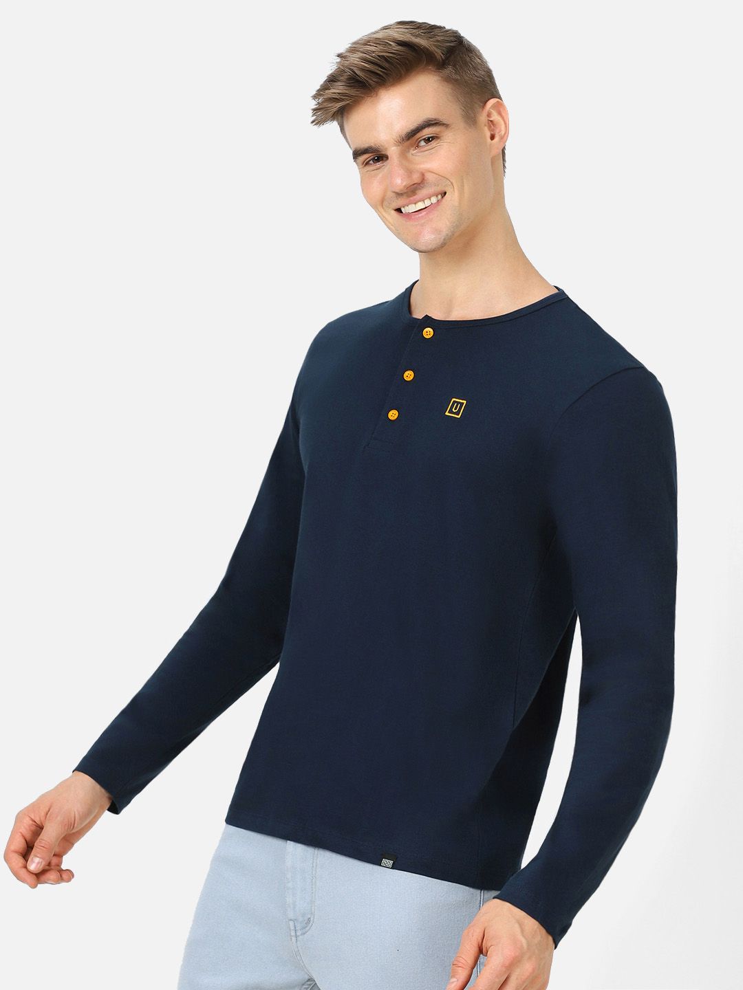 Urbano Fashion Men Navy Blue Solid Henley Neck Pure Cotton T-shirt