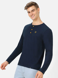 Urbano Fashion Men Navy Blue Solid Henley Neck Pure Cotton T-shirt