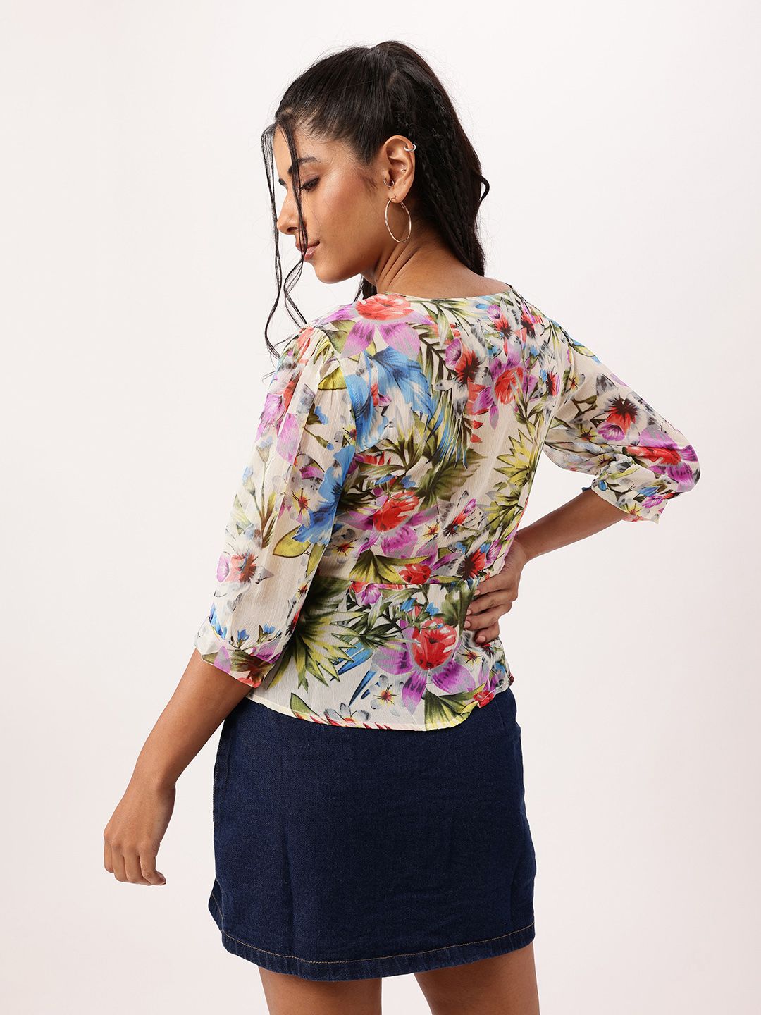 DressBerry Floral Fetish, Holiday Mood Printed Semi Sheer A-Line Top