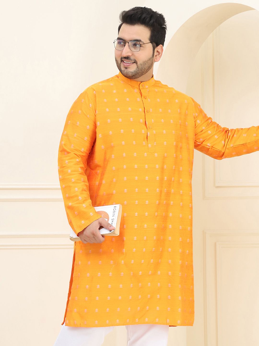 SOJANYA PLUS Lelaki Orange & Silver Jacquard Woven Design Kurta