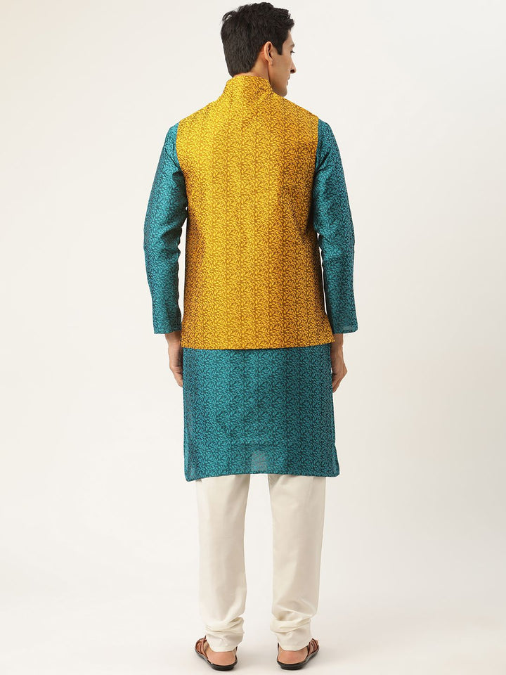 SOJANYA Men Teal Green Self-Design Kurta with Churidar & Nehru Jacket