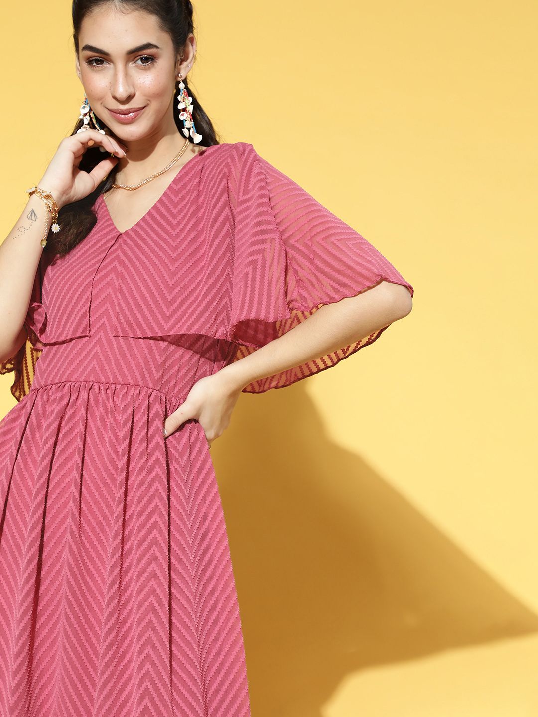 Athena Women Alluring Fuchsia Self-Design Volume Play Dress