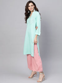 SOJANYA Women Blue Solid Straight Kurta