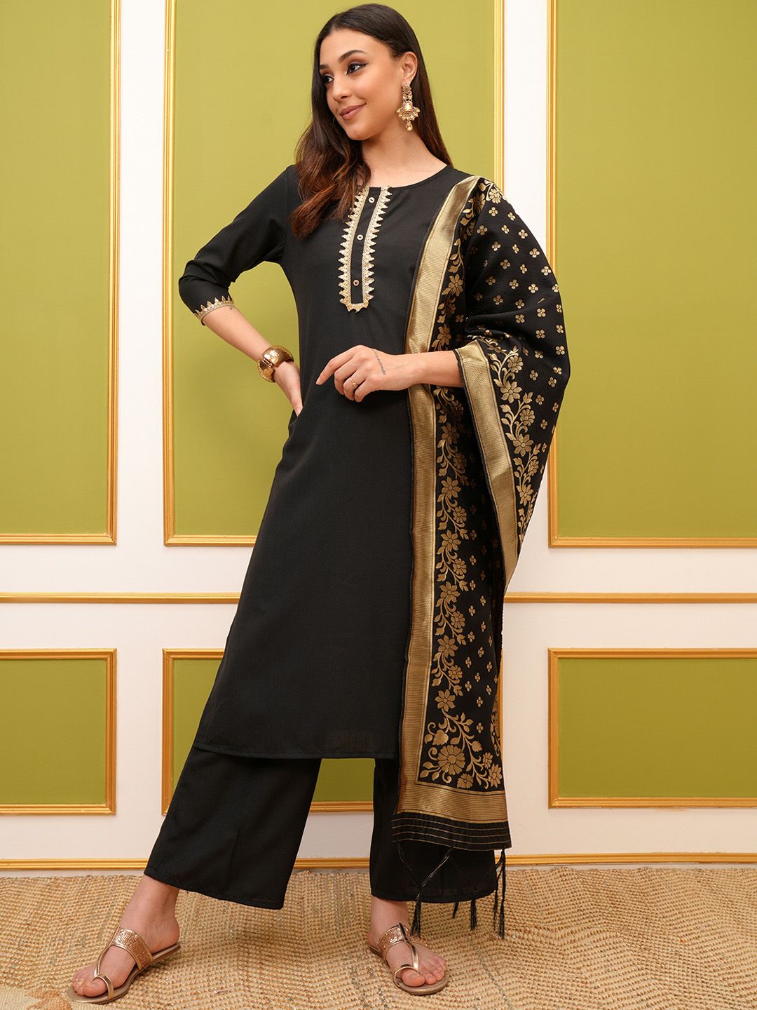 Vishudh Black Round Neck Floral Regular Straight Kurta with Palazzos & With Dupatta