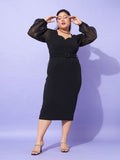 SASSAFRAS Curve Black Plus Size Sequin Embellished Puff Sleeves Sheath Midi Dress