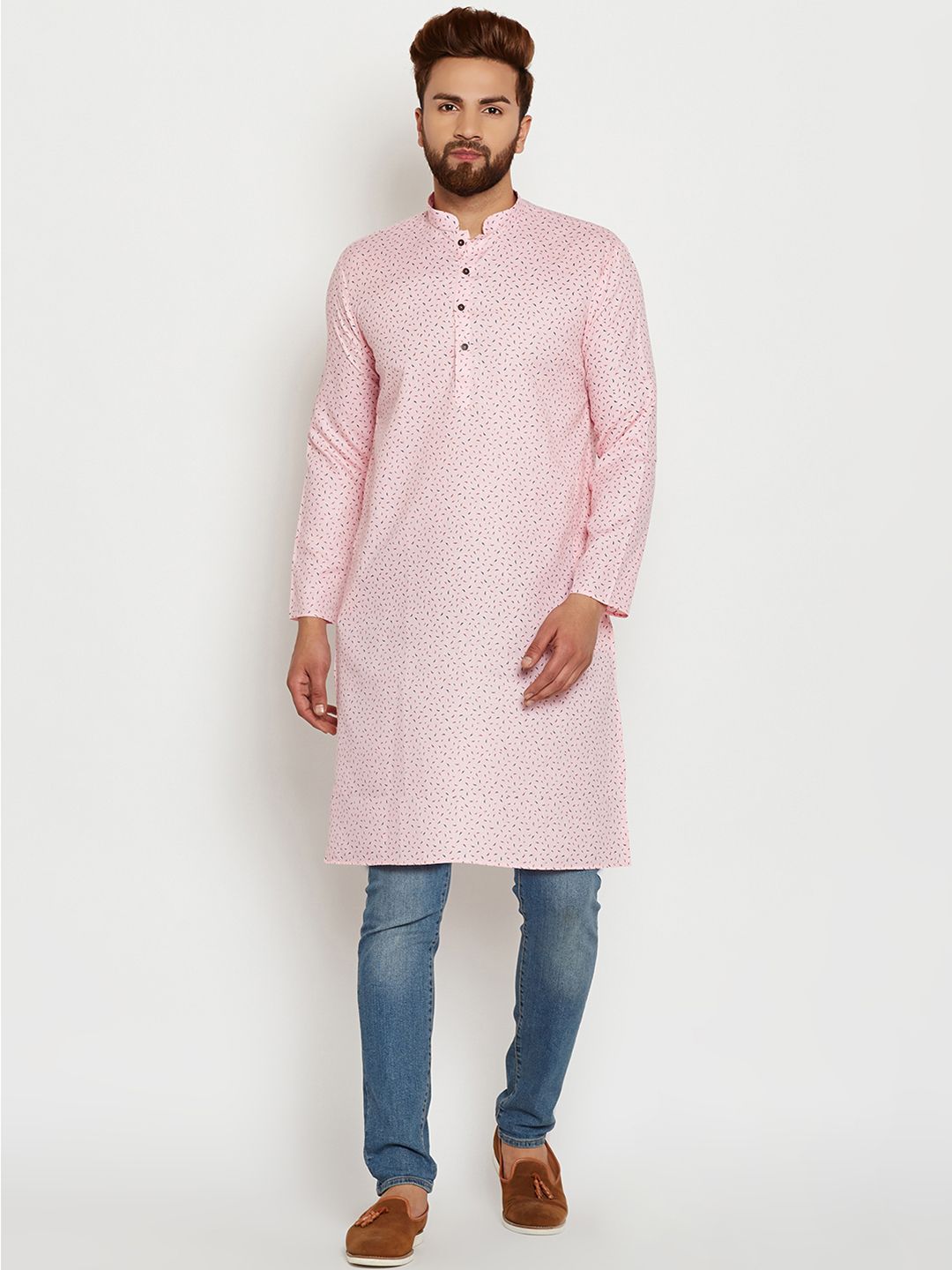 SOJANYA Men Pink & Red Printed Straight Kurta