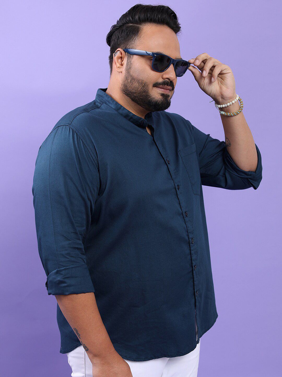 HIGHLANDER Plus Size Blue Band Collar Long Sleeves Cotton Casual Shirt