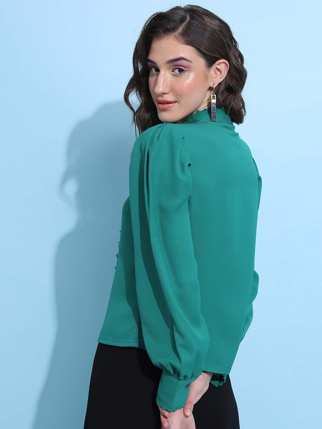 Tokyo Talkies Green Self Design High Neck Lace Inserts Shirt Stye Top