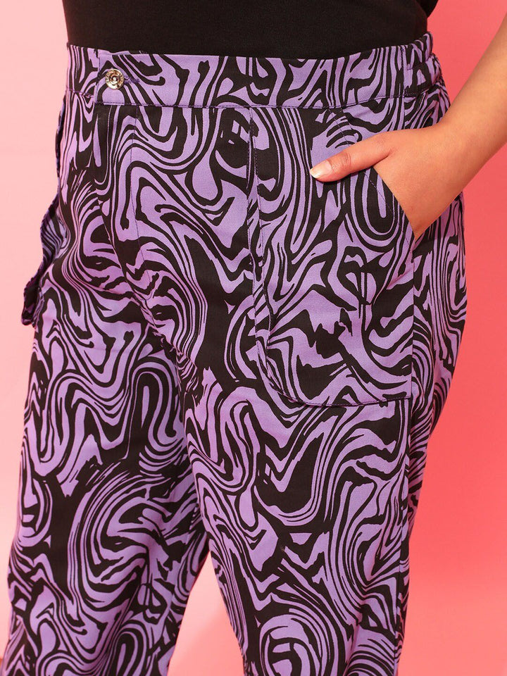 CURVY STREET Women Plus Size Lavender Printed Relaxed Straight Leg Pure Cotton Trousers