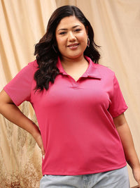 CURVY STREET Plus Size Striped Polo Collar Regular T-shirt
