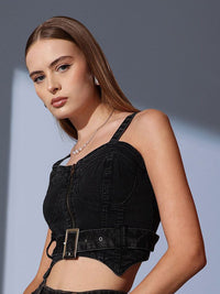 STREET 9 Solid Sleeveless Denim Crop Top