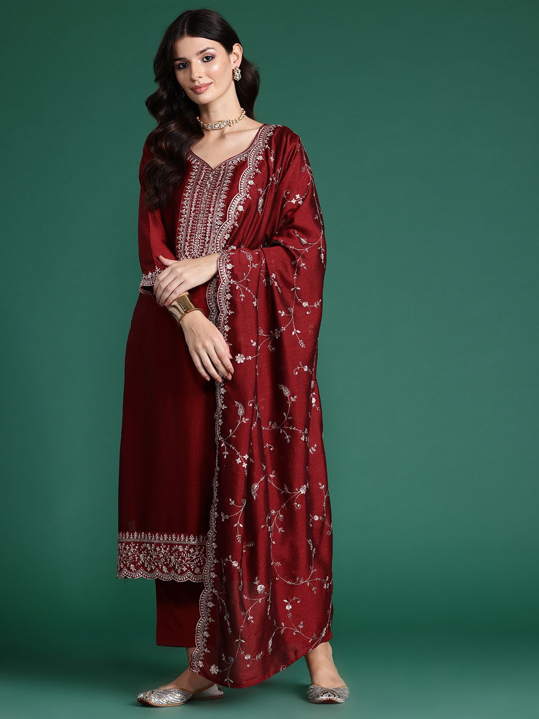 Indo Era Ethnic Motifs Embroidered Sequinned Kurta with Trousers & Dupatta
