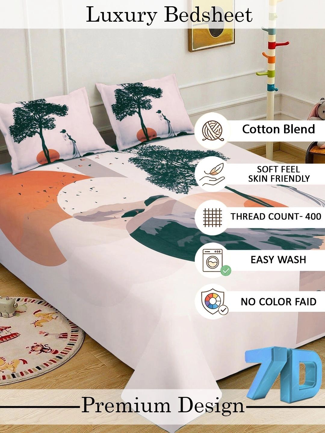 Moda Rapido X KLOTTHE Cadar Katil King 400 TC Berwarna Krim & Hijau dengan 2 Sarung Bantal
