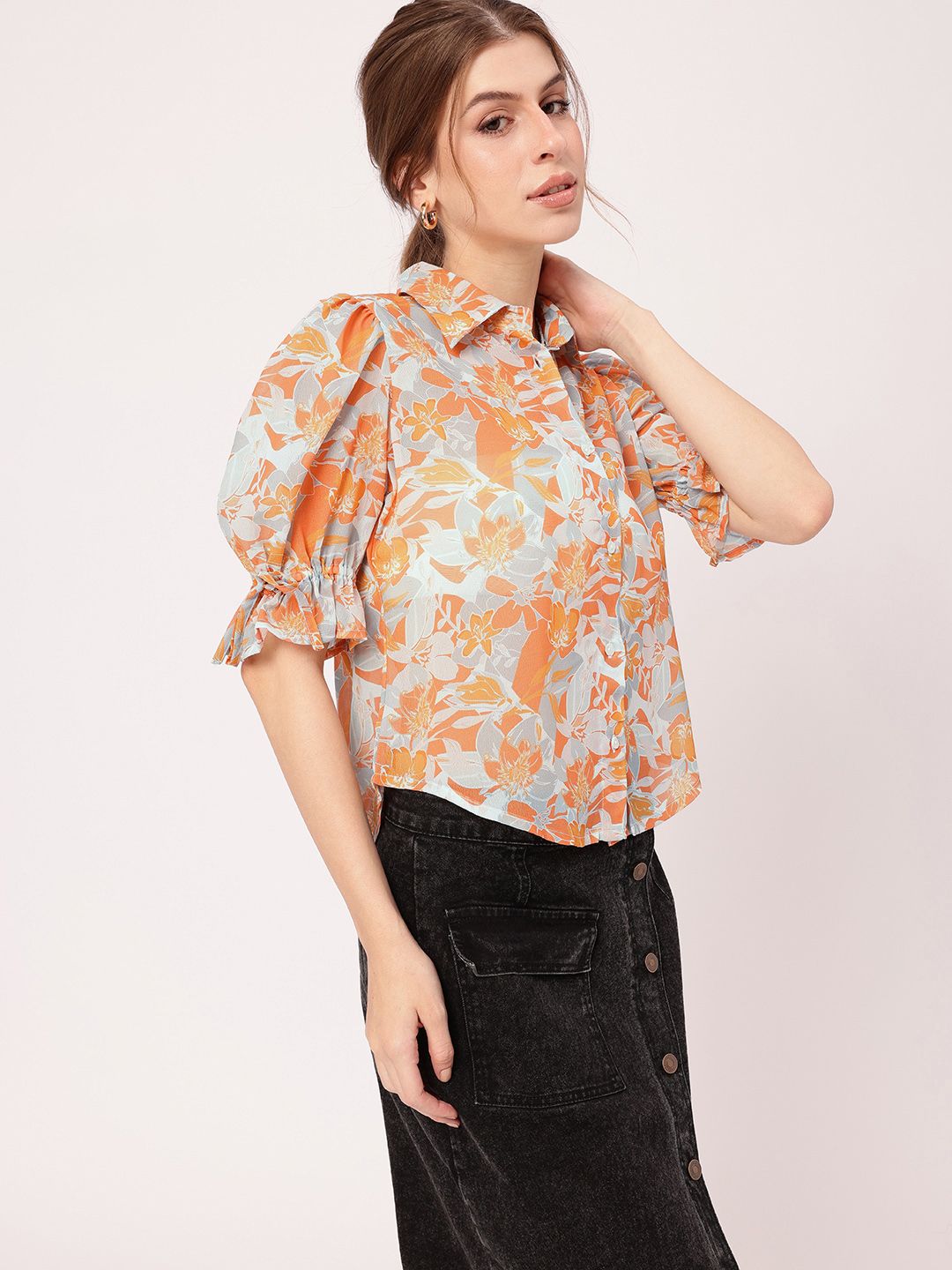 Holiday Charm Tropical Printed Puff Sleeves Shirt