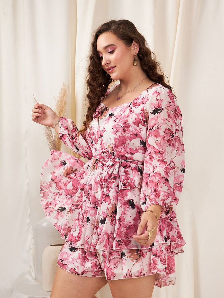 Berrylush Curve Pink & White Floral Printed Sweetheart Neck Layered Mini Playsuit