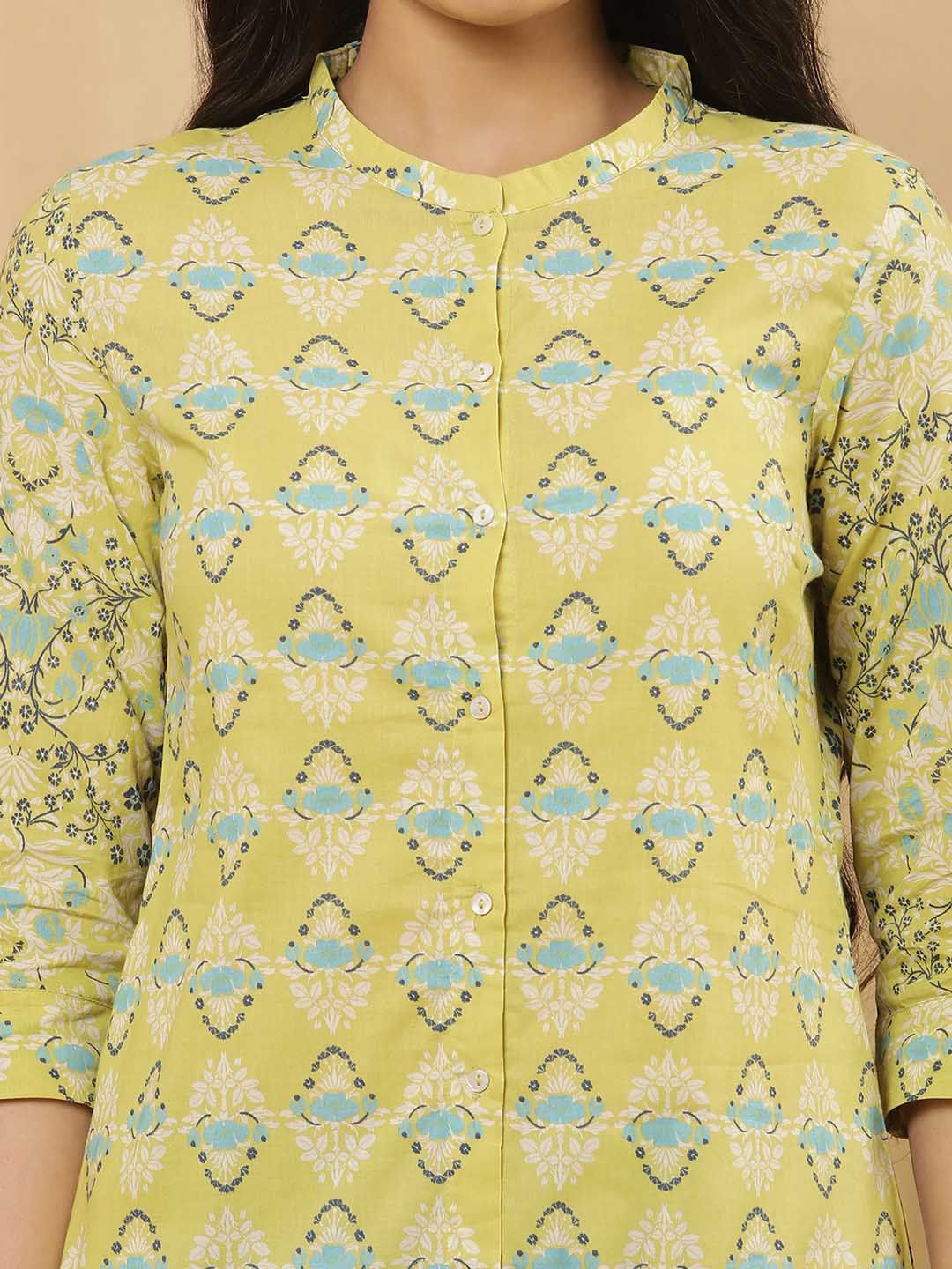 W Floral Printed Mandarin Collar Regular Pure Cotton Kurta