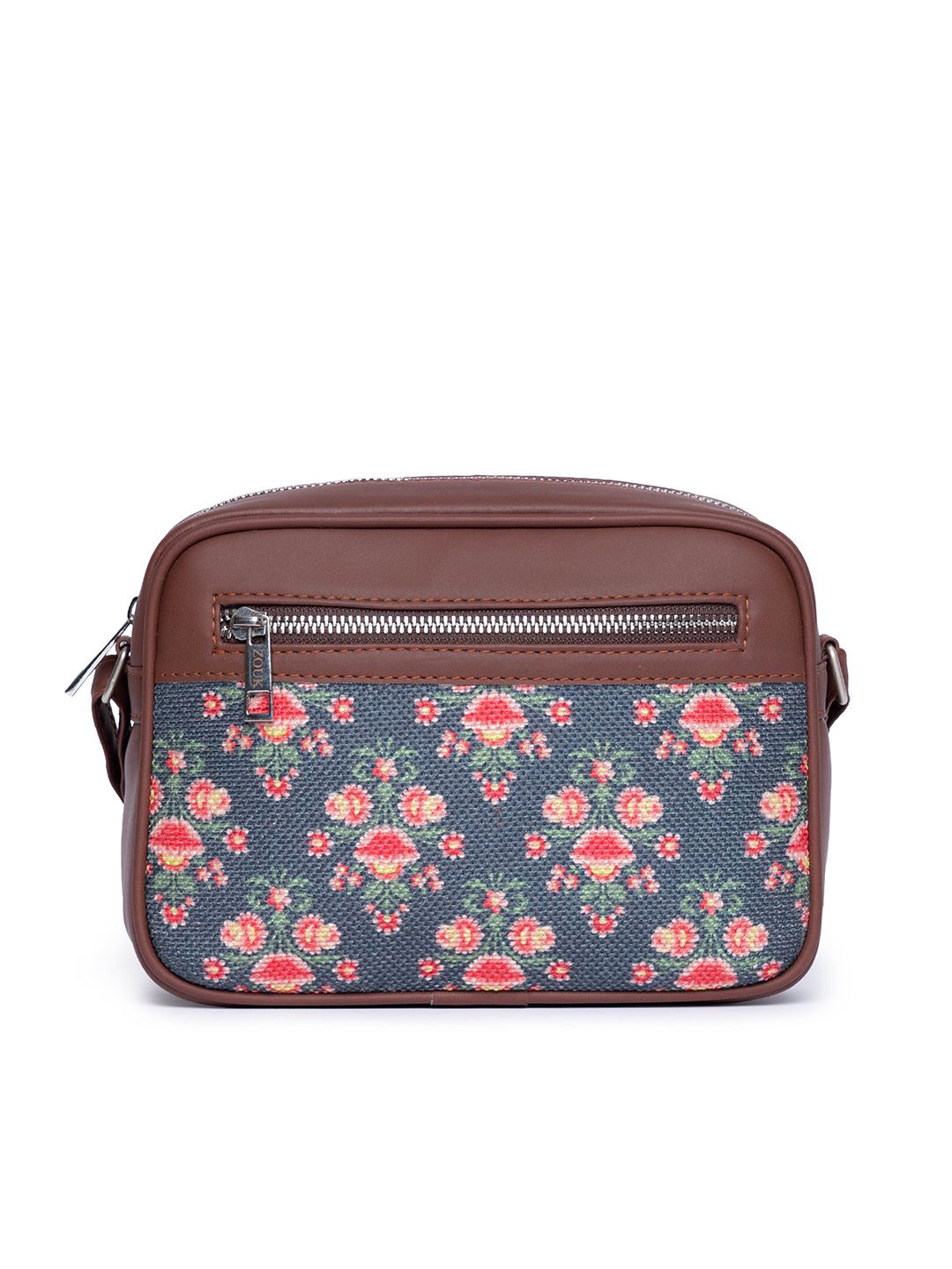 ZOUK Navy Blue Floral Printed Structured Sling Bag with Tasselled