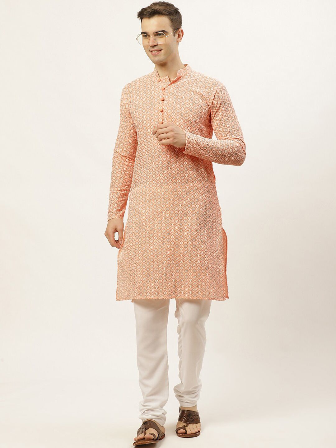 Jompers Men Orange & White Ethnic Motifs Embroidered Pure Cotton Kurta with Pyjamas