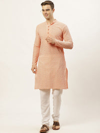 Jompers Men Orange & White Ethnic Motifs Embroidered Pure Cotton Kurta with Pyjamas