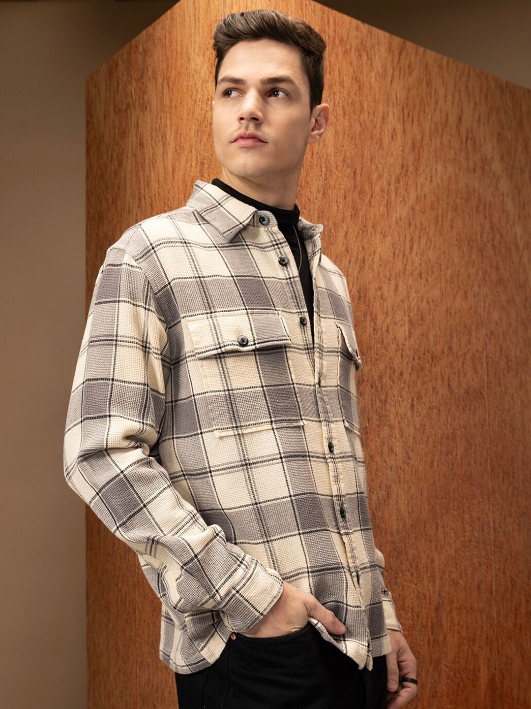 LOCOMOTIVE  Oversized Waffle Dobby Textured Checked Utility Pocket Overshirt