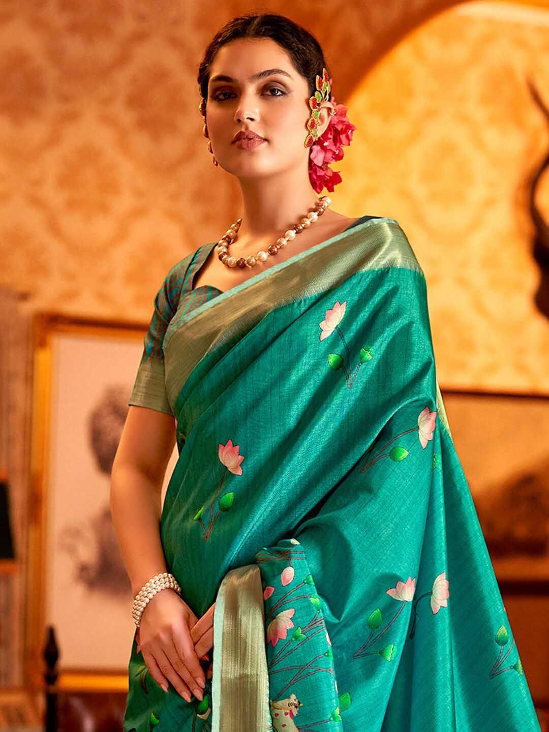 Saree Mall Pichwai Animal Print Zari Sungudi Sarees with Matching Blouse