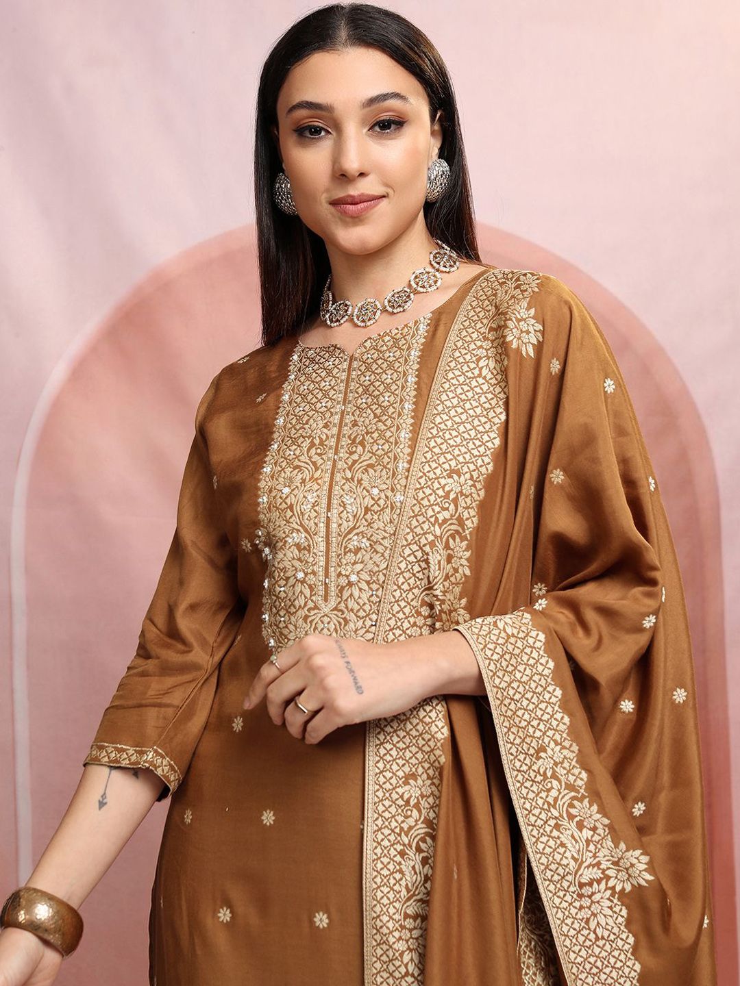 Vishudh Brown Floral Woven Design Pure Cotton Straight Kurta with Trousers & Dupatta