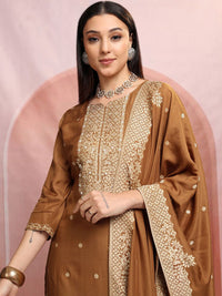 Vishudh Brown Floral Woven Design Pure Cotton Straight Kurta with Trousers & Dupatta