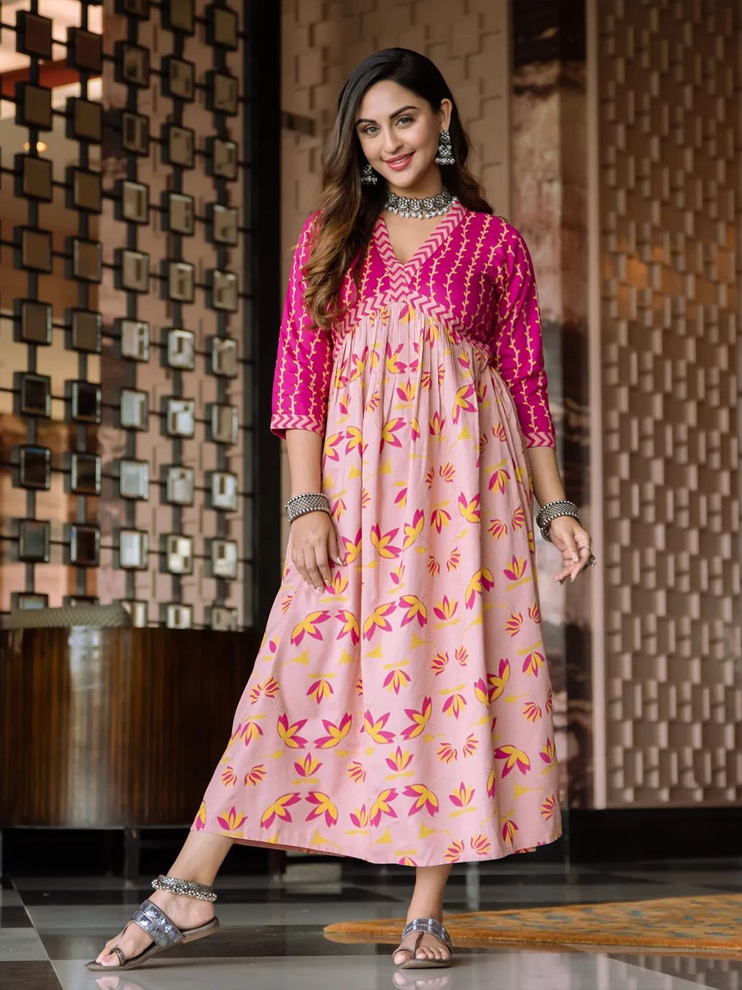 Rustorange Pink Floral A-Line Dress