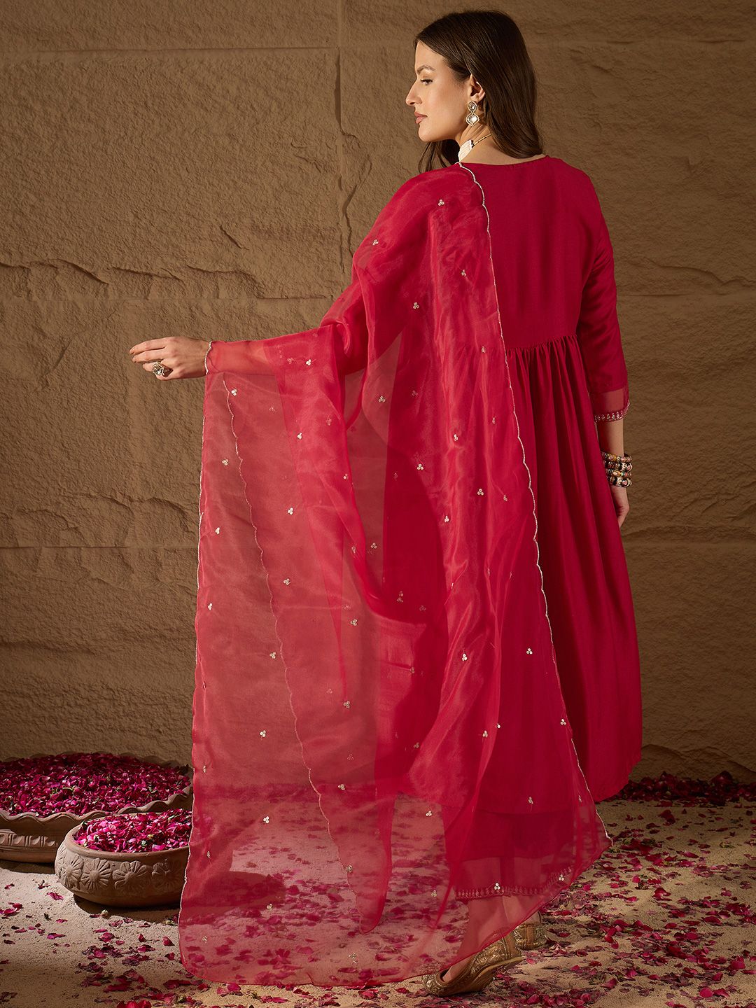 KALINI Floral Yoke Design Regular Sequinned Kurta with Trousers & With Dupatta