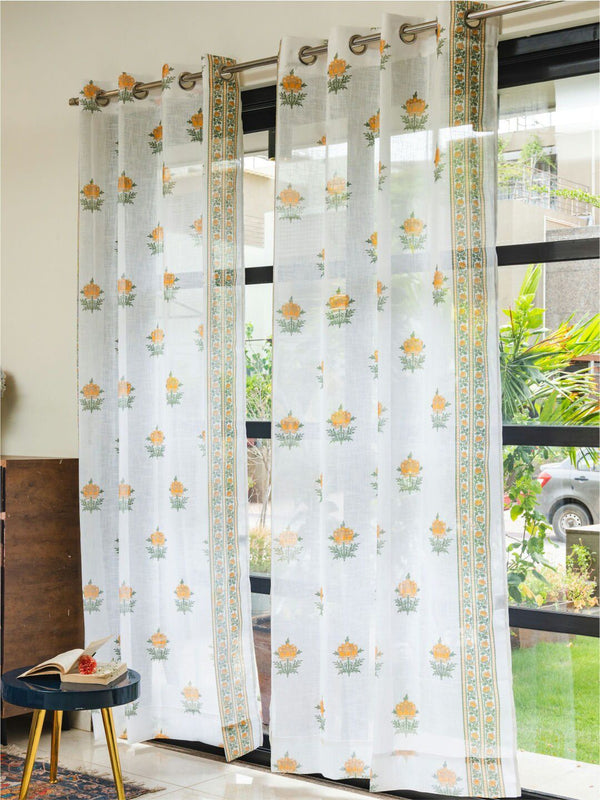 URBAN SPACE White & Yellow 2 Pieces Floral Sheer Window Curtains