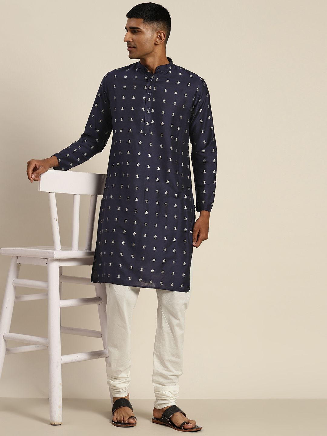 SOJANYA Motif Etnik Silk Cotton Indigo Kurta