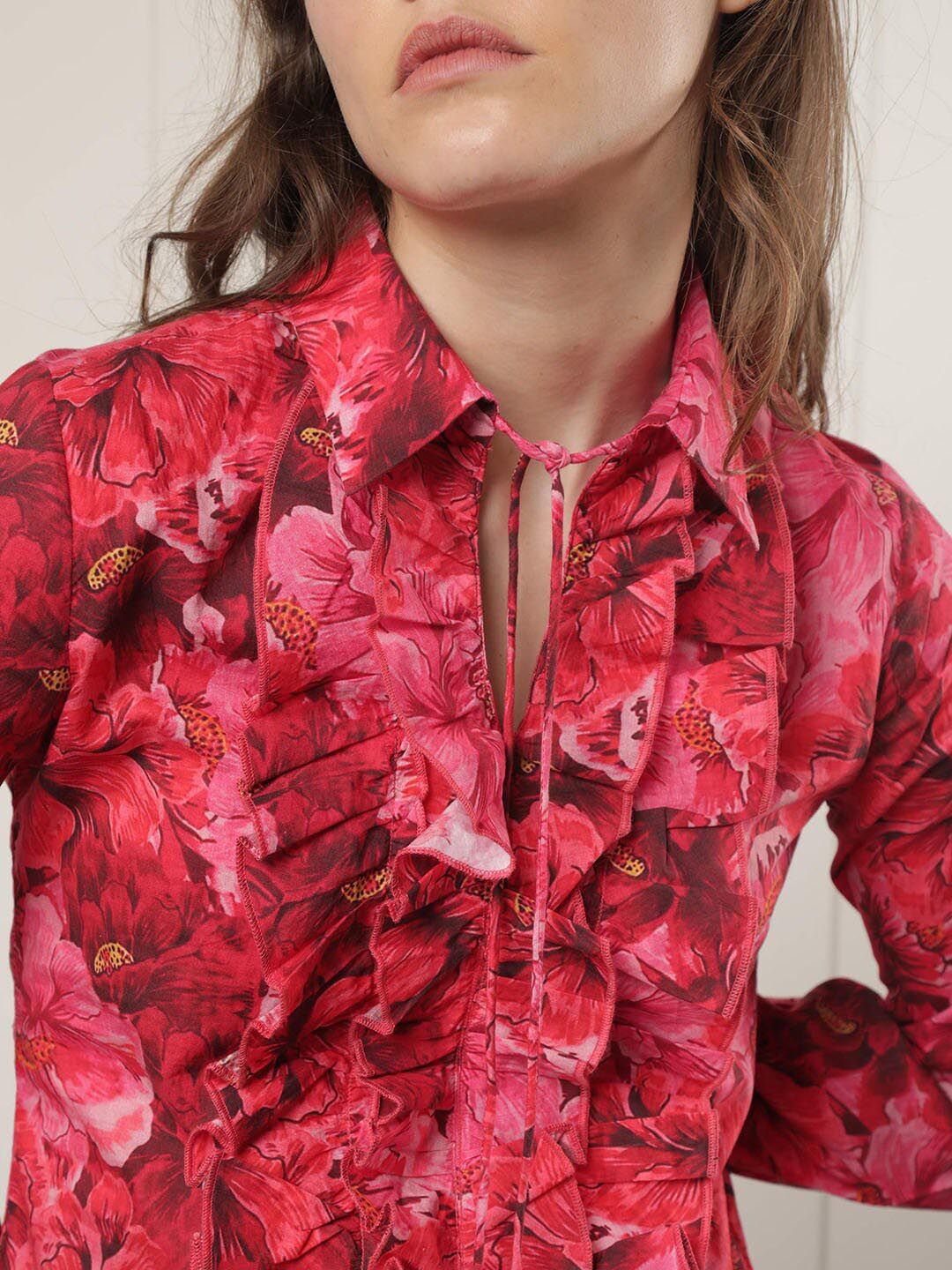 RAREISM Floral Printed Ruffled Cuff Sleeves Tie-Up Neck Cotton Top