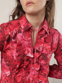 RAREISM Floral Printed Ruffled Cuff Sleeves Tie-Up Neck Cotton Top