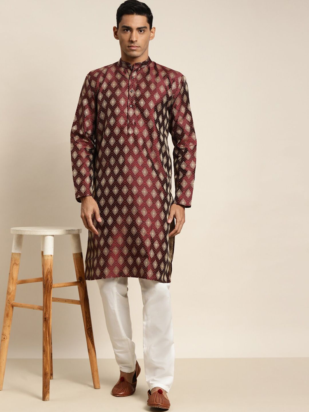 SOJANYA Woven Design Mandarin Collar Silk Cotton Kurta