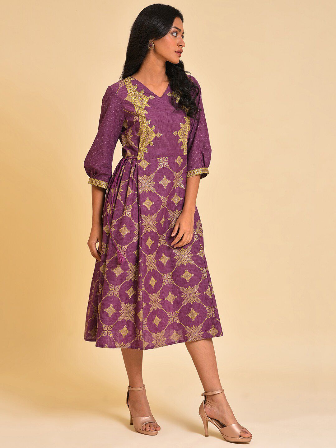 W Purple Ethnic Motifs Print Pure Cotton Fit & Flare Ethnic Midi Dress