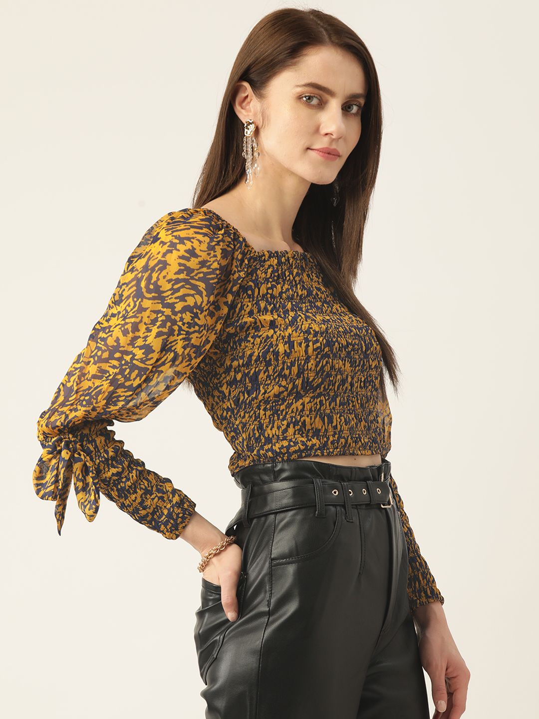 Antheaa Women Navy Blue & Mustard Yellow Abstract Print Bishop Sleeves Smocked Crop Top