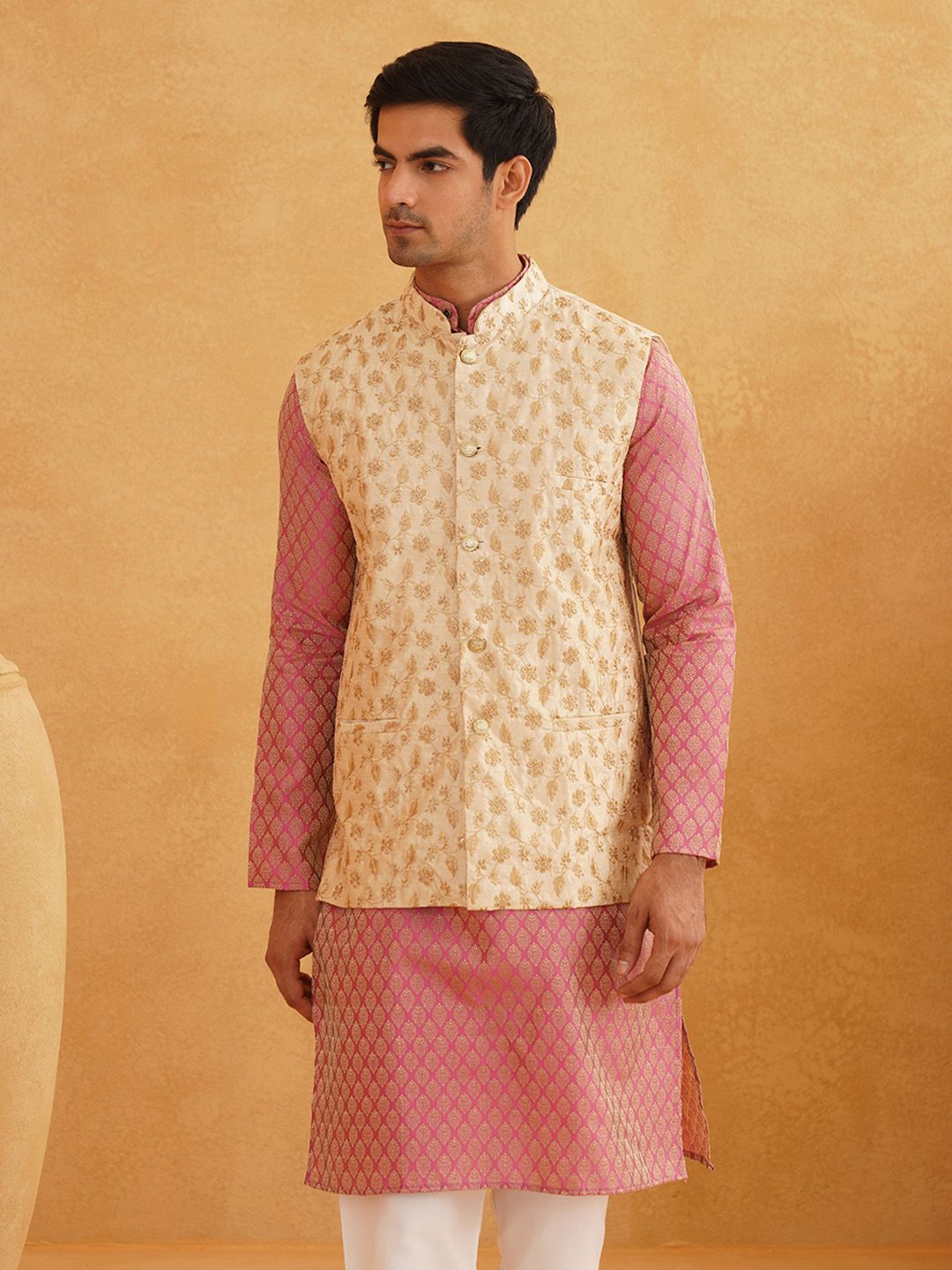 SOJANYA Woven Design Mandarin Collar Kurta with Churidar & Nehru Jacket
