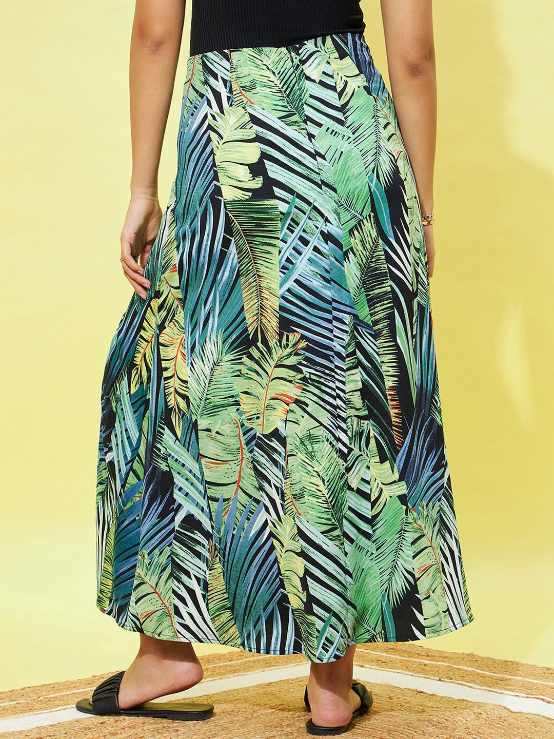 Berrylush Tropical Printed Front Slit A-Line Midi Skirt