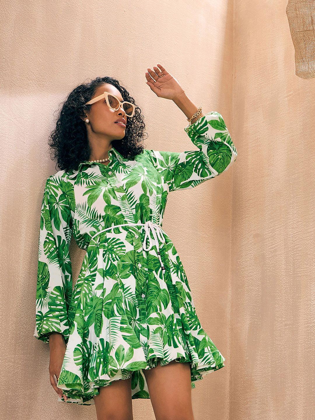 Pink Paprika by SASSAFRAS Green Tropical Printed Belted Shirt Dress