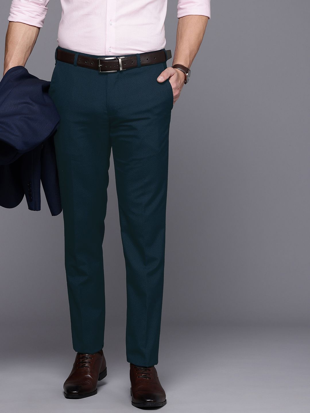 Raymond Men Self-Design Textured Slim Fit Formal Trousers