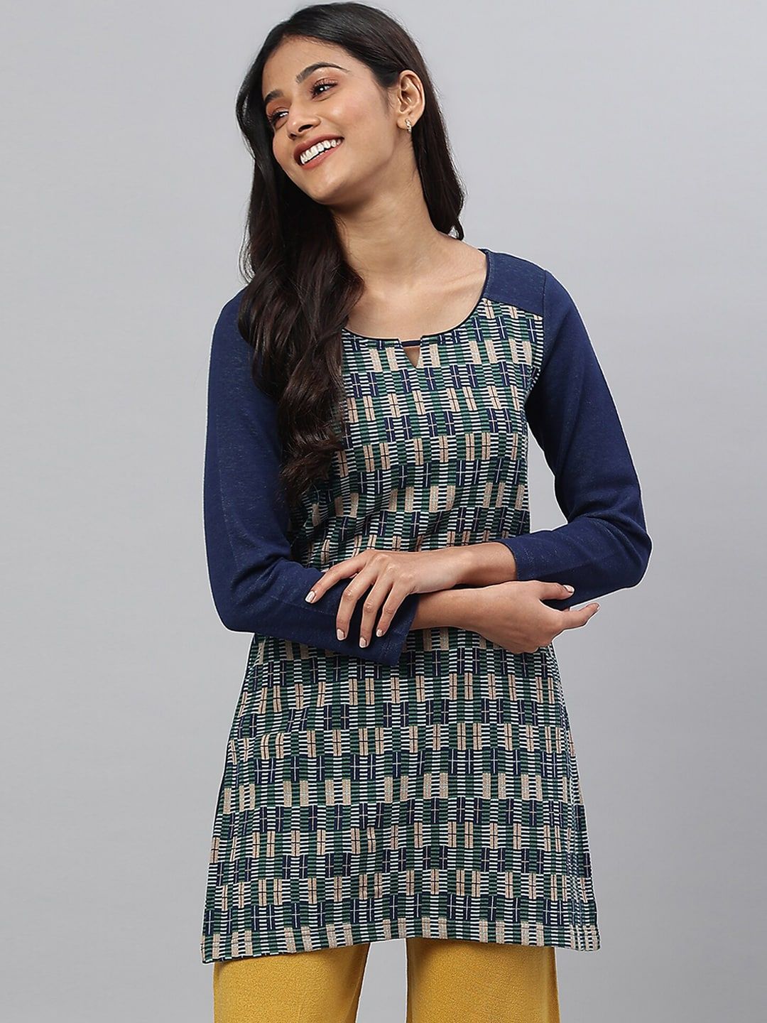 Aurelia Women Blue Geometric Print Cotton Blend Straight Kurta