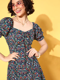 Berrylush Navy Blue Floral Crepe A-Line Mini Dress