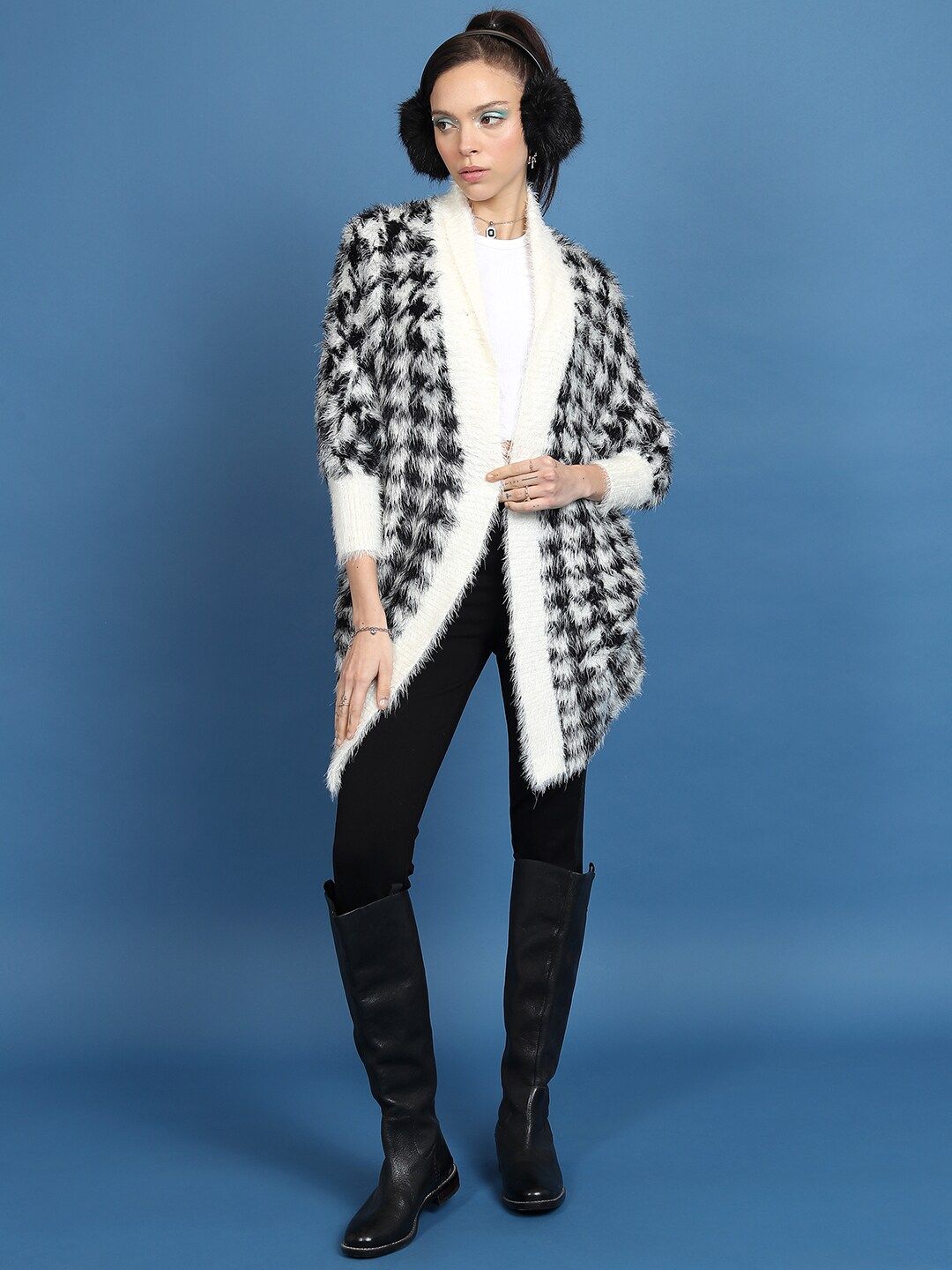 Tokyo Talkies Black Geometric Printed Fuzzy Acrylic Cardigan Sweater