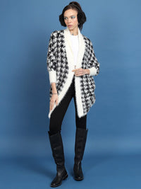 Tokyo Talkies Black Geometric Printed Fuzzy Acrylic Cardigan Sweater