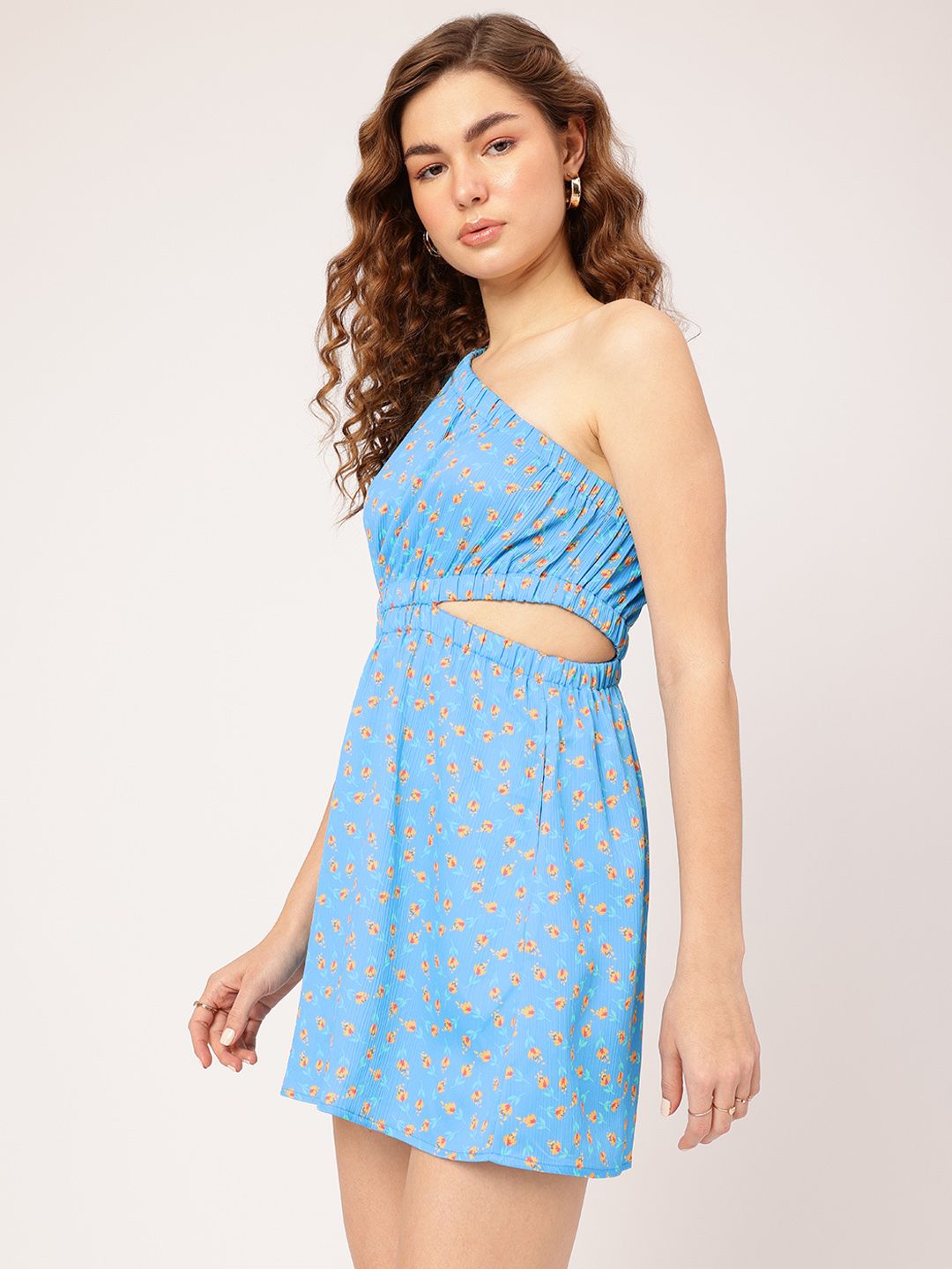 DressBerry Floral Fantasy One-Shoulder Cut-Out Printed Mini A-Line Dress