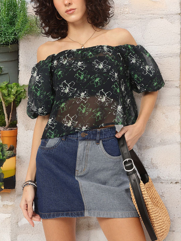DressBerry Printed Sheer Slay Bardot Top