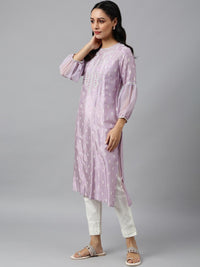 W Women Lavender Ethnic Motifs Embroidered Thread Work Kurta