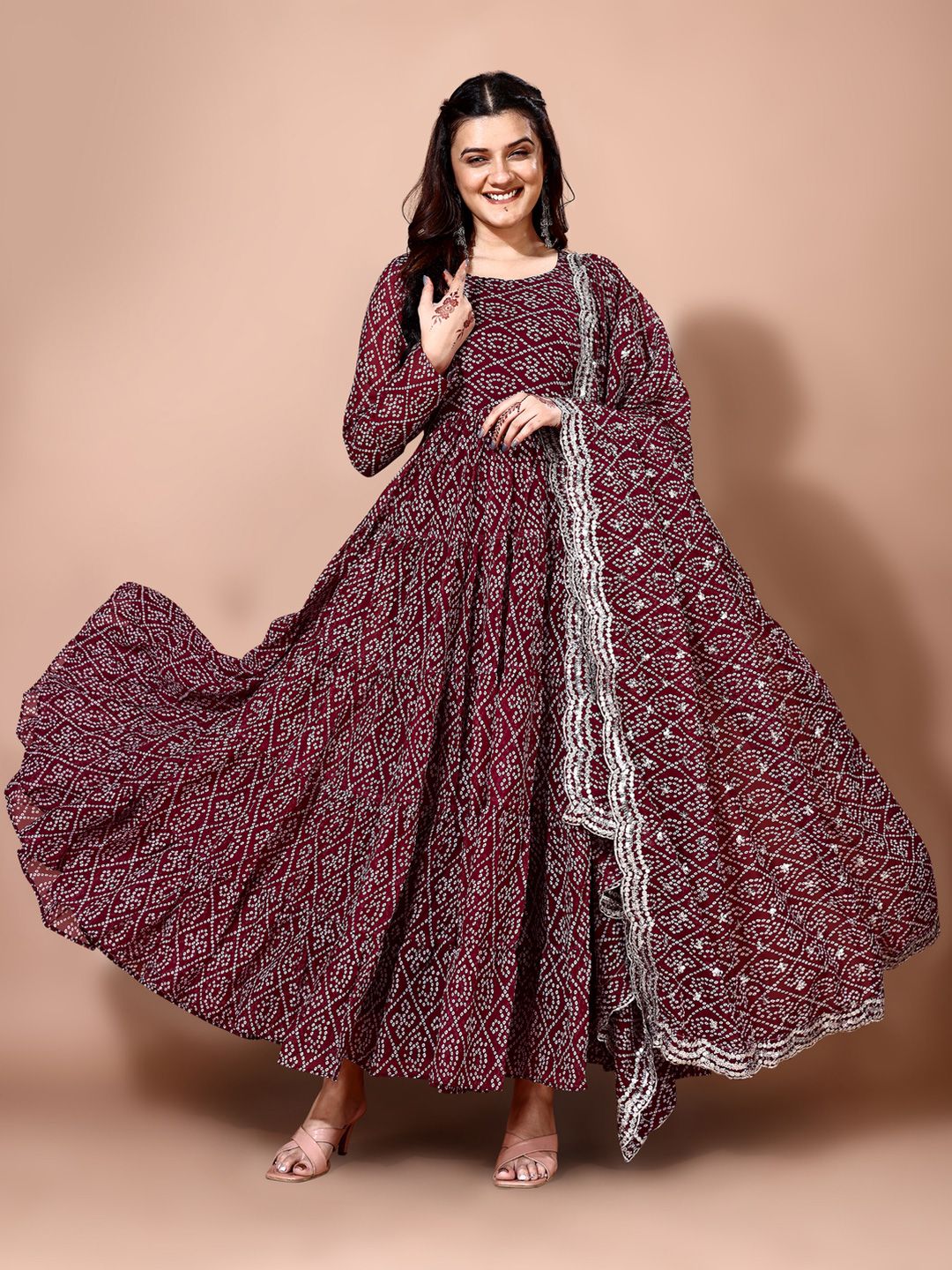KALINI Bandhani Printed Tiered Anarkali Georgette Kurta With Trouser & Dupatta
