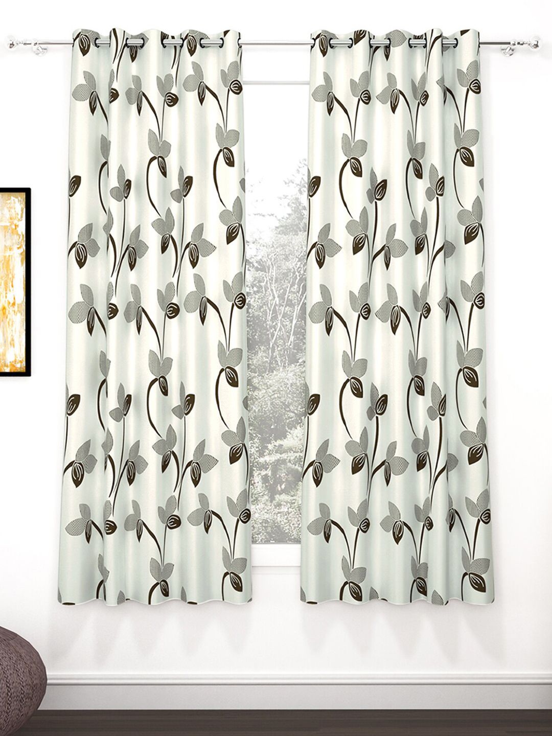 Story@home Nature Grey & White 2 Pieces Floral Printed Window Curtains